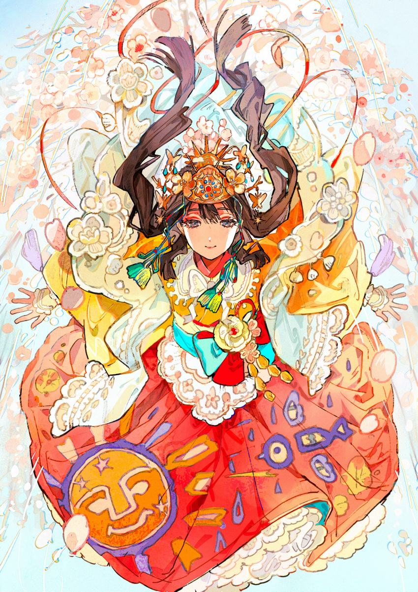 1girl absurdres aqua_bow blue_eyes bow brown_hair buchi_(qooo003) butterfly_ornament cherry_blossoms chromatic_aberration closed_mouth commentary eyelashes floating flower hagoromo hair_between_eyes headdress highres japanese_clothes kimono light_smile long_hair long_sleeves looking_at_viewer obi obiage obijime orange_kimono original outstretched_hand petals petticoat print_skirt red_lips red_skirt sash shawl sidelocks skirt solo straight-on tassel wide_sleeves
