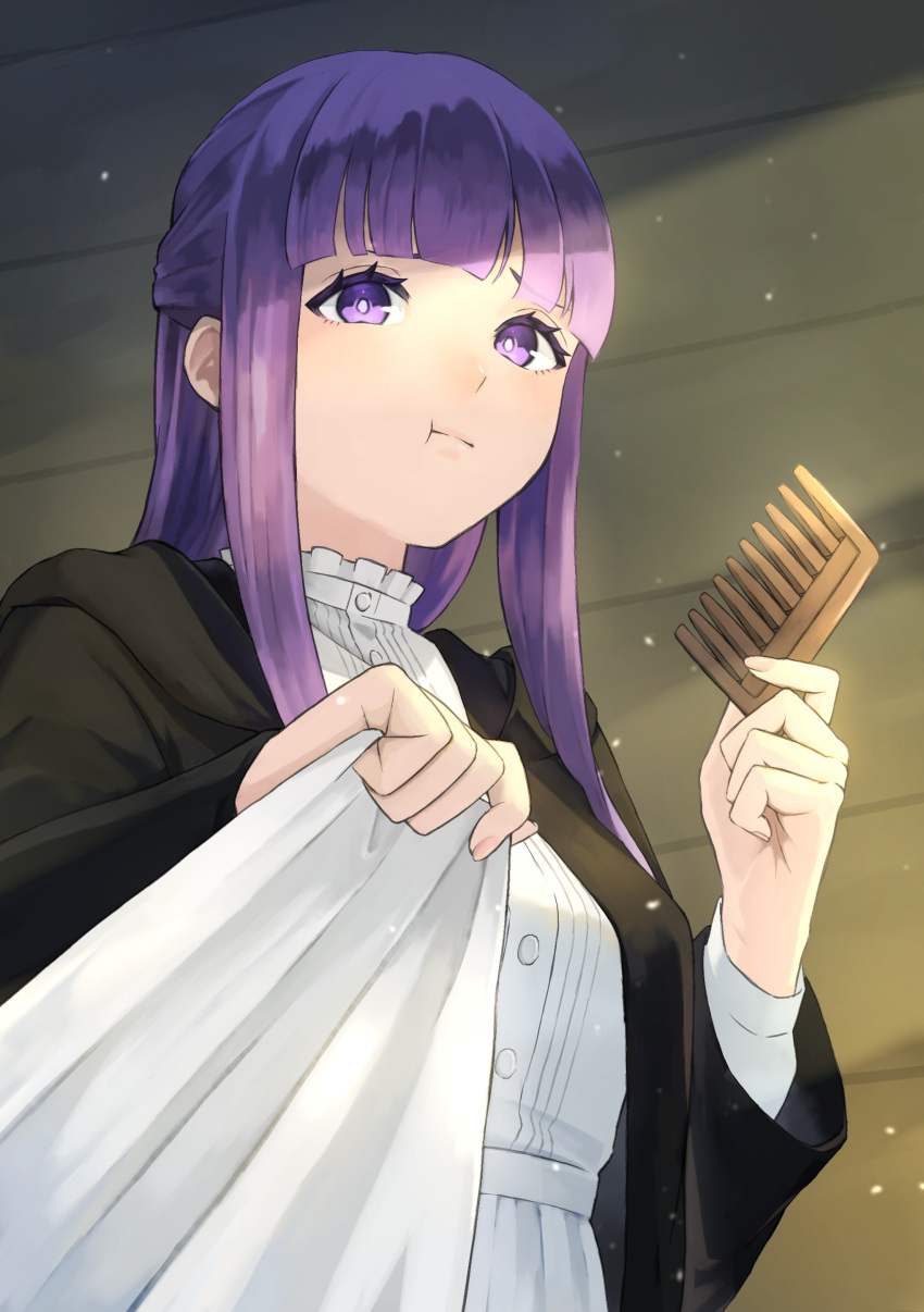 1girl absurdres black_robe blunt_bangs blush collar comb commentary_request dress fern_(sousou_no_frieren) frilled_collar frills hands_up highres holding holding_comb indoors ito_yoshi lips long_hair long_sleeves looking_at_viewer pout purple_hair robe sidelocks simple_background solo sousou_no_frieren upper_body violet_eyes white_background white_dress