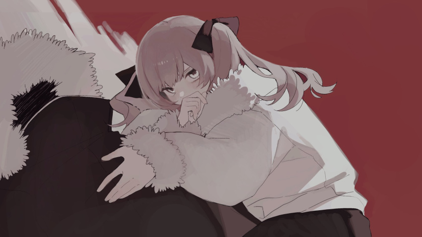 1girl 1other adipocere_(vocaloid) ambiguous_gender black_coat black_skirt coat covering_own_mouth cowboy_shot dutch_angle enka_(nacl_chica) face_in_shadow fur-trimmed_hood fur-trimmed_jacket fur_trim hair_ribbon hand_on_another's_chest hand_over_own_mouth highres hood hood_up jacket long_hair long_sleeves looking_at_viewer lying on_side pink_hair red_background ribbon simple_background skirt twintails vocaloid white_eyes