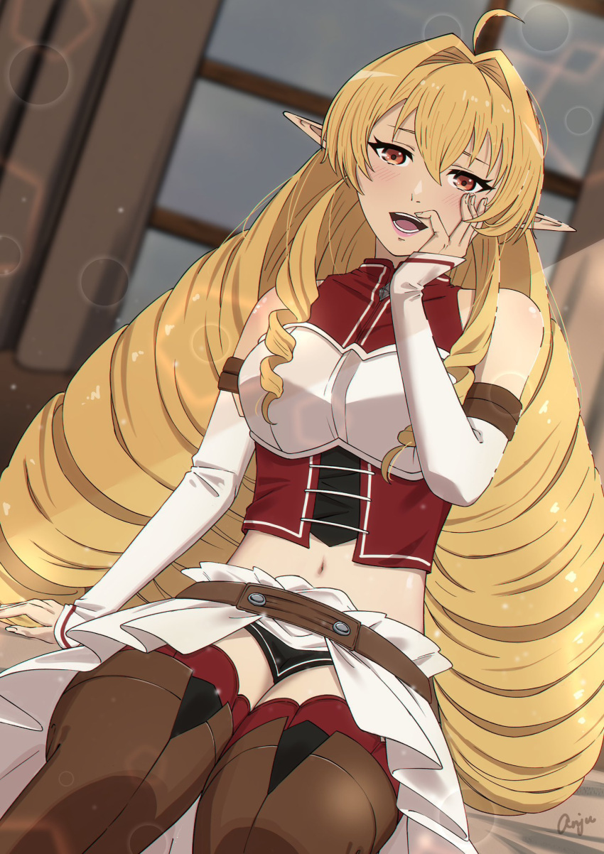 1girl ahoge anju_(artist) blonde_hair boots breasts detached_sleeves drill_hair elf elinalise_dragonroad feet_out_of_frame hair_between_eyes hand_on_own_face highres light_blush lips long_hair looking_at_viewer medium_breasts midriff mushoku_tensei navel on_bed open_mouth orange_eyes pointy_ears signature sitting smile solo teeth thigh_boots very_long_hair white_sleeves
