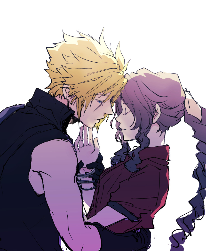 1boy 1girl absurdres aerith_gainsborough arm_around_waist armor bangle black_gloves blonde_hair blue_eyes bracelet braid braided_ponytail brown_hair closed_eyes cloud_strife couple demi_co final_fantasy final_fantasy_vii final_fantasy_vii_rebirth final_fantasy_vii_remake gloves hair_between_eyes hair_ribbon half-closed_eyes hetero highres holding_another's_wrist jacket jewelry long_hair parted_bangs parted_lips pink_ribbon puffy_short_sleeves puffy_sleeves red_jacket ribbon short_hair short_sleeves shoulder_armor sidelocks single_bare_shoulder single_braid single_shoulder_pad sleeveless sleeveless_turtleneck spiky_hair turtleneck upper_body wavy_hair white_background