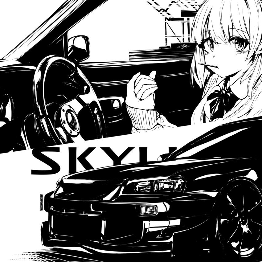 1girl bow car car_interior cardigan collared_shirt from_side greyscale hand_grab highres looking_at_viewer monochrome motor_vehicle multiple_views nissan nissan_skyline nissan_skyline_gt-r nissan_skyline_r34 nougat_(73r1r1) original shirt short_hair steering_wheel