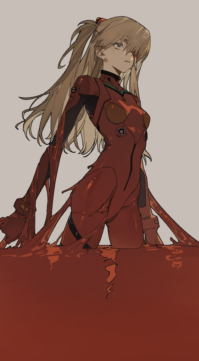 1girl absurdres ambiguous_red_liquid blue_eyes bodysuit breasts cowboy_shot expressionless eyepatch grey_background hair_over_one_eye highres interface_headset light_brown_hair long_bangs long_hair looking_ahead neon_genesis_evangelion parted_bangs parted_lips plugsuit red_bodysuit slime_(substance) small_breasts solo souryuu_asuka_langley standing three_quarter_view twintails wading zhibuji_loom