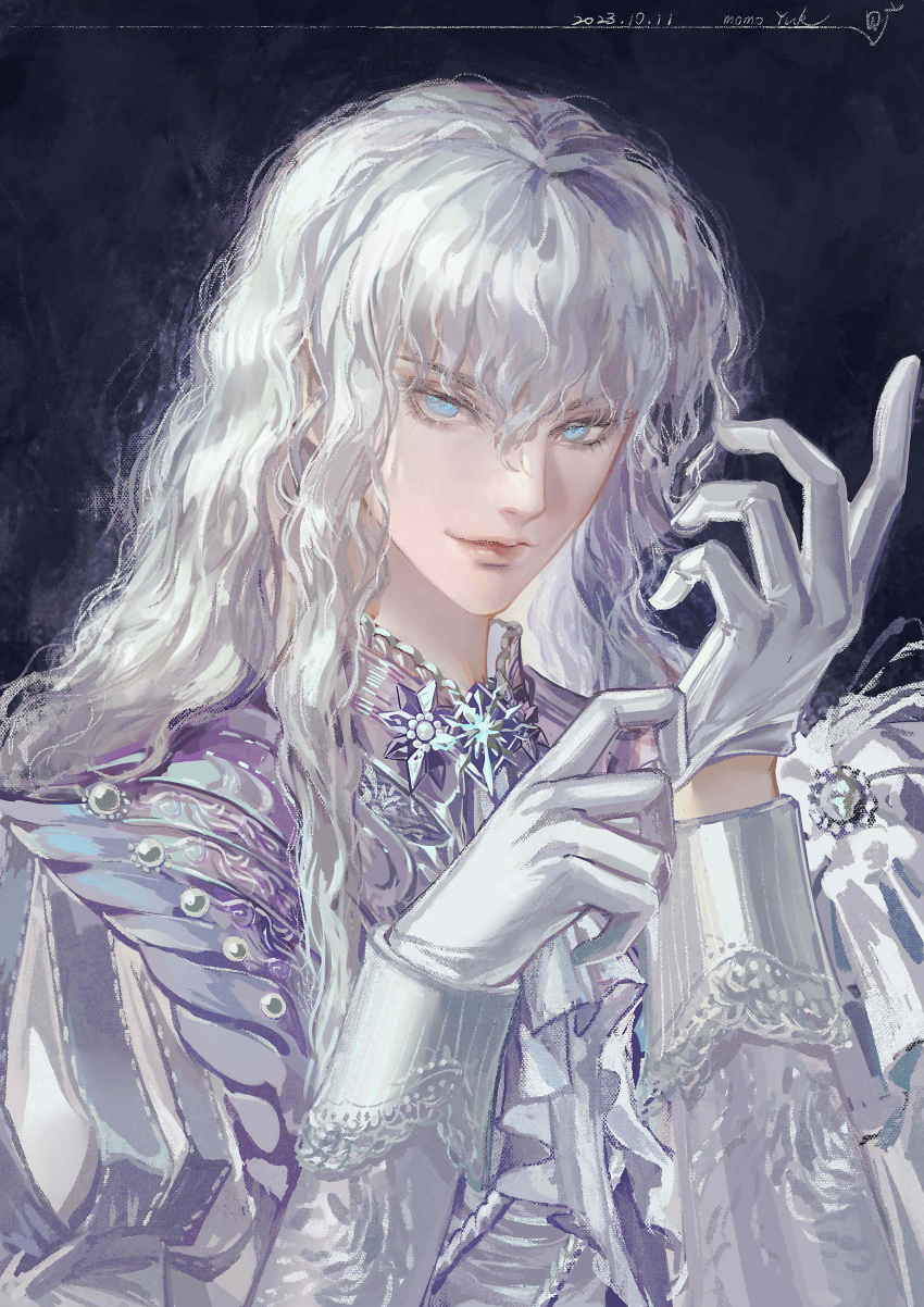 1boy absurdres adjusting_clothes adjusting_gloves alternate_costume androgynous ascot berserk black_background blue_eyes brooch closed_mouth dated eyelashes gloves griffith_(berserk) hair_between_eyes hair_over_shoulder highres jewelry lace_trim long_bangs long_hair long_sleeves looking_at_viewer male_focus momoyuk2 puffy_long_sleeves puffy_sleeves signature smile solo upper_body wavy_hair white_ascot white_gloves white_hair