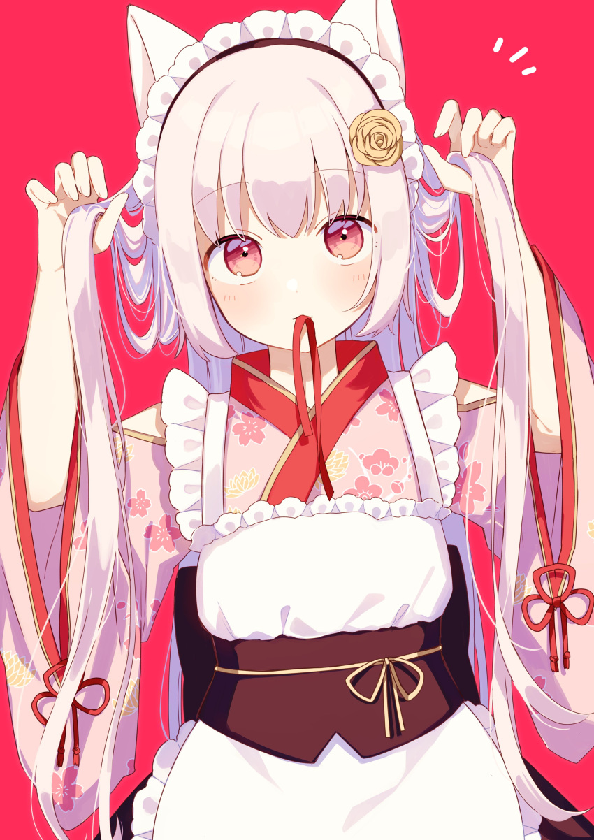 1girl absurdres apron commentary floral_print flower frilled_apron frills grey_hair hair_flower hair_ornament hands_up highres japanese_clothes kimono long_hair long_sleeves looking_at_viewer maid maid_apron maid_headdress mouth_hold notice_lines obi original pink_kimono print_kimono red_background red_eyes red_ribbon ribbon ribbon_in_mouth rose sash simple_background sofra solo symbol-only_commentary tying_hair very_long_hair wa_maid white_apron wide_sleeves yellow_flower yellow_rose