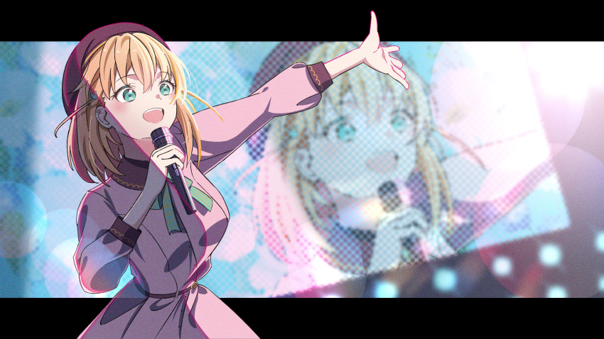 1girl :d absurdres aqua_eyes aqua_ribbon beret black_hat blurry blurry_background commentary crossed_bangs dream_believers_(love_live!) dress film_grain fujiwaland hair_ornament hat highres hinoshita_kaho holding holding_microphone letterboxed link!_like!_love_live! long_sleeves love_live! medium_hair microphone music neck_ribbon open_mouth orange_hair outstretched_arm outstretched_hand pink_dress rabbit_hair_ornament ribbon screen_zoom singing smile solo teeth upper_teeth_only wide-eyed