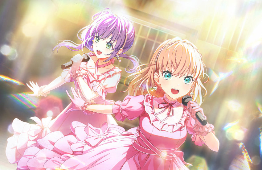 2girls :d aqua_eyes blurry bokeh bow breasts cerise_bouquet choker collarbone criss-cross_halter crossed_bangs depth_of_field dress dress_bow earrings flower_earrings flower_hairband frilled_dress frills game_cg gloves green_eyes hair_bun hairband halter_dress halterneck highres hinoshita_kaho holding holding_microphone idol_clothes jewelry link!_like!_love_live! long_hair looking_at_viewer love_live! medium_breasts medium_dress medium_hair microphone multiple_girls official_art open_mouth orange_hair otomune_kozue outstretched_arms pink_dress pink_gloves puffy_short_sleeves puffy_sleeves purple_hair reflection_in_the_mirror_(love_live!) ribbon_choker short_sleeves side_ahoge side_ponytail sidelocks single_side_bun smile stage teeth third-party_source upper_teeth_only