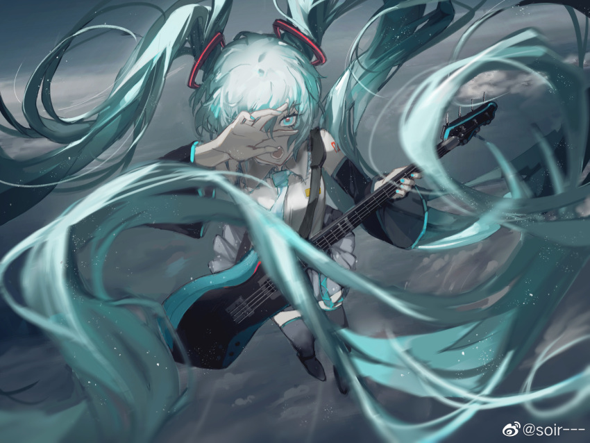 1girl above_clouds arm_tattoo black_footwear black_sleeves blue_eyes blue_hair blue_nails blue_necktie boots chinese_commentary clouds collared_shirt commentary_request detached_sleeves electric_guitar floating_hair from_above full_body grey_skirt guitar hair_between_eyes hand_up hatsune_miku highres holding holding_instrument instrument long_hair midair necktie niutoutou one_eye_covered open_mouth outdoors shirt skirt sleeveless sleeveless_shirt solo tattoo thigh_boots twintails vocaloid weibo_logo weibo_username white_shirt