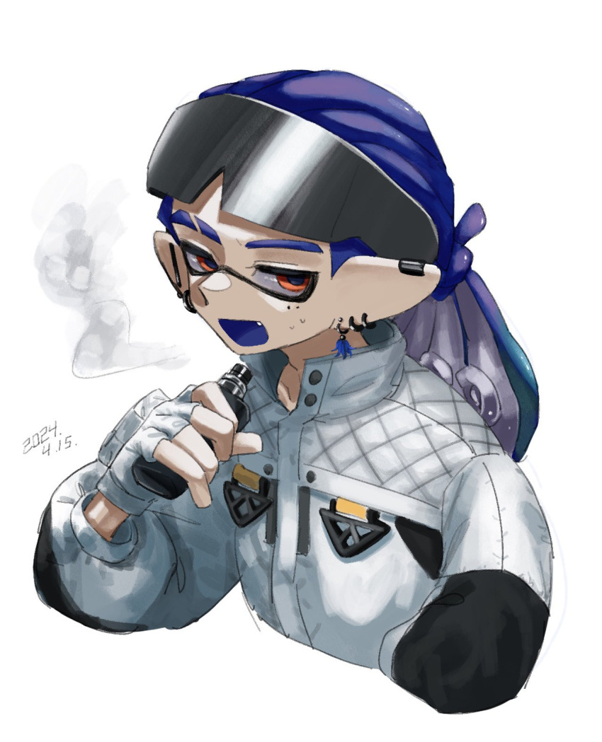 1boy blue_hair commentary cropped_torso dated earrings eyebrow_cut eyewear_on_head fang fingerless_gloves gloves haru666_n highres inkling inkling_boy inkling_player_character jacket jewelry long_hair male_focus mole mole_under_eye open_mouth red_eyes simple_background smoke solo splatoon_(series) sunglasses symbol-only_commentary tentacle_hair white_background white_gloves white_jacket
