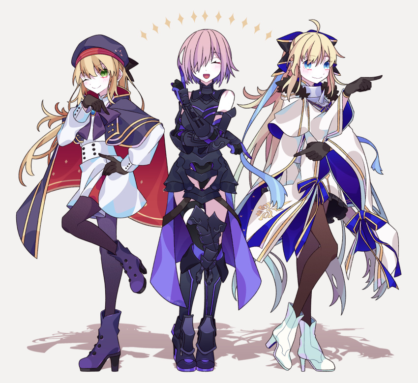 3girls absurdres ahoge armor armored_dress armored_leotard artoria_caster_(fate) artoria_caster_(second_ascension)_(fate) artoria_pendragon_(fate) black_bow black_fur black_gloves blonde_hair blue_cape blue_cloak blue_eyes blue_ribbon blush bow breasts cape capelet cloak dress elbow_gloves fate/grand_order fate_(series) fur-trimmed_cloak fur-trimmed_gloves fur_trim gloves green_eyes hair_between_eyes hair_bow hair_over_one_eye hat highres kujiramaru large_breasts long_fall_boots long_hair long_sleeves looking_at_viewer mash_kyrielight multicolored_cape multicolored_capelet multicolored_cloak multicolored_clothes multiple_girls open_mouth ornament pantyhose ponytail purple_gloves purple_hair ribbon short_hair simple_background smile spiked_armor striped_belt thigh-highs tonelico_(fate) tonelico_(second_ascension)_(fate) twintails two-sided_bow two-tone_capelet two-tone_sleeves violet_eyes white_cape white_cloak