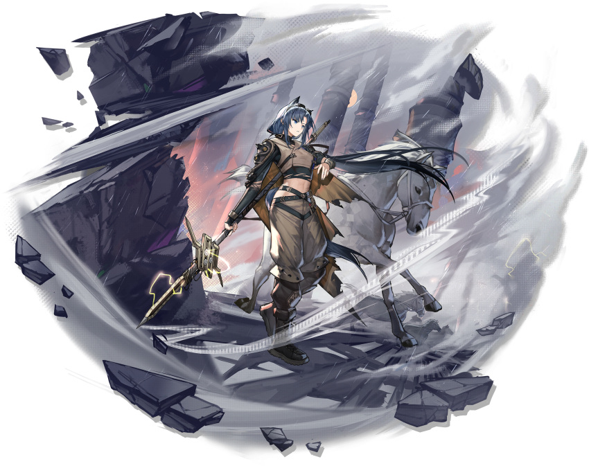 1girl animal_ears arknights belt black_footwear blue_eyes blue_hair boots closed_mouth crop_top electricity extra_ears fang_(arknights) fang_the_fire_sharpened_(arknights) full_body goggles goggles_on_head grey_nails highres holding holding_polearm holding_weapon horse_ears horse_girl horse_tail jewelry long_hair looking_ahead low_ponytail midriff multicolored_pants multicolored_shirt navel official_art outdoors pants parted_lips polearm rubble scar scar_on_stomach shirt solo tail torn_clothes torn_shirt transparent_background very_long_hair walking weapon white_horse xiayehongming