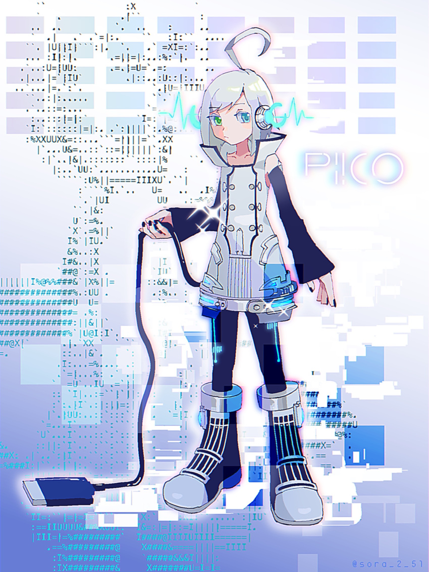 1boy ahoge androgynous ascii_art black_footwear black_nails black_sleeves black_thighhighs blue_eyes boots buttons character_name closed_mouth detached_sleeves green_eyes headphones heterochromia highres holding_own_tail looking_to_the_side male_focus outer_glow shirt short_hair sleeveless sleeveless_shirt solo sora_2_51 sparkle standing tail thigh-highs twitter_username usb utatane_piko vocaloid white_hair white_shirt