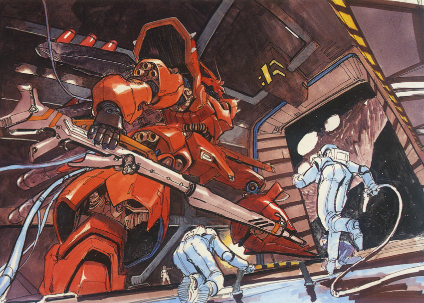 1980s_(style) 3boys astronaut beam_rifle boots cable char's_counterattack concept_art energy_gun gloves gundam hangar helmet hose machinery mecha mobile_suit multiple_boys official_art production_art promotional_art redesign retro_artstyle robot sazabi scan science_fiction sketch spacecraft_interior spacesuit traditional_media tube v-fin vernier_thrusters weapon