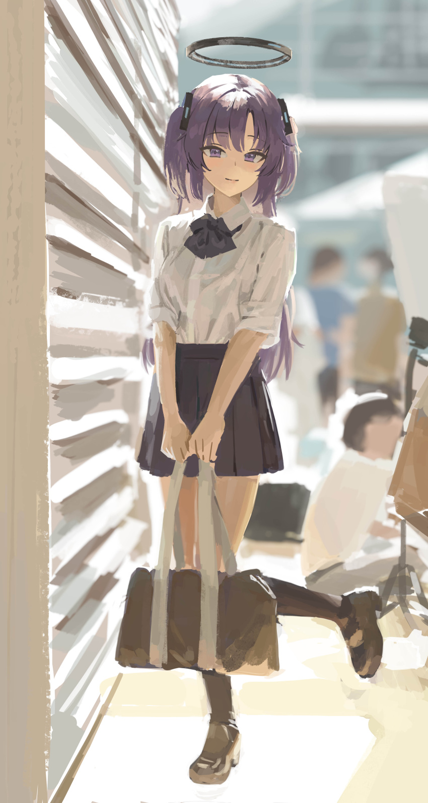 1girl 3others absurdres bag black_socks blue_archive damcheong halo highres kneehighs loafers long_hair looking_at_viewer multiple_others pleated_skirt purple_hair school_bag school_uniform shoes skirt smile socks solo_focus two_side_up violet_eyes yuuka_(blue_archive)