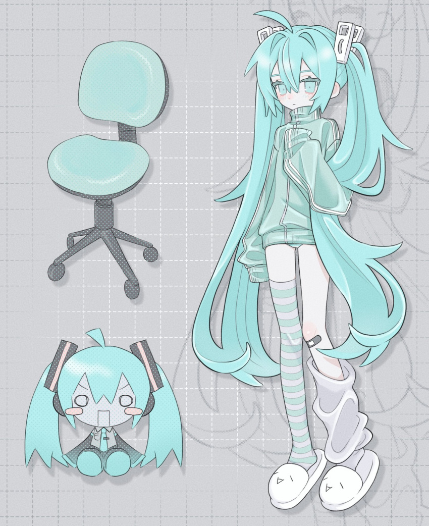 1girl am314 aqua_eyes aqua_hair bandaid chair hatsune_miku highres long_hair loungewear office_chair simple_background slippers solo striped_clothes striped_thighhighs stuffed_toy swivel_chair thigh-highs track_suit twintails very_long_hair vocaloid
