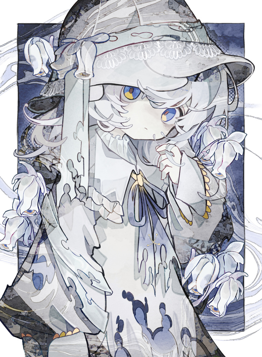 1girl absurdres arm_at_side blue_background blue_eyes blue_ribbon border closed_mouth collared_dress commentary_request cowboy_shot dress expressionless flower frilled_shirt_collar frills ghost_pipe_(flower) hair_between_eyes hand_in_own_hair hand_up hat hat_ribbon highres long_sleeves looking_at_viewer medium_hair multicolored_eyes neck_ribbon original outside_border pale_skin playing_with_own_hair ribbon simple_background sleeves_past_wrists solo soresaki torn_clothes torn_dress torn_ribbon twirling_hair white_border white_dress white_flower white_hair white_hat white_theme wing_collar yellow_eyes
