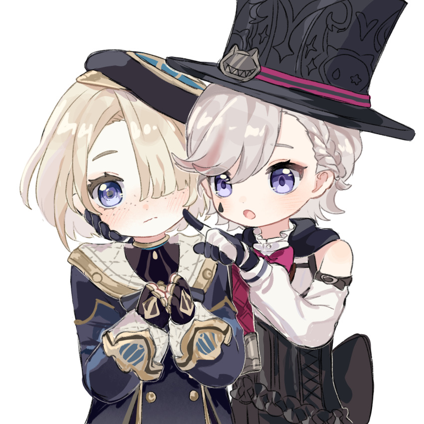 2boys :o black_gloves black_hat black_jacket blonde_hair blue_eyes blunt_bangs bow bowtie braid buttons cheek_poking clothing_cutout double-breasted freckles freminet_(genshin_impact) genshin_impact gloves hair_over_one_eye hand_on_another's_cheek hand_on_another's_face hat highres huokui jacket long_sleeves looking_at_viewer lyney_(genshin_impact) male_focus multiple_boys one_eye_covered open_mouth own_hands_together pink_bow pink_bowtie poking shirt short_hair shoulder_cutout side-by-side simple_background single_braid swept_bangs teardrop_facial_mark top_hat upper_body violet_eyes white_background white_shirt wide-eyed
