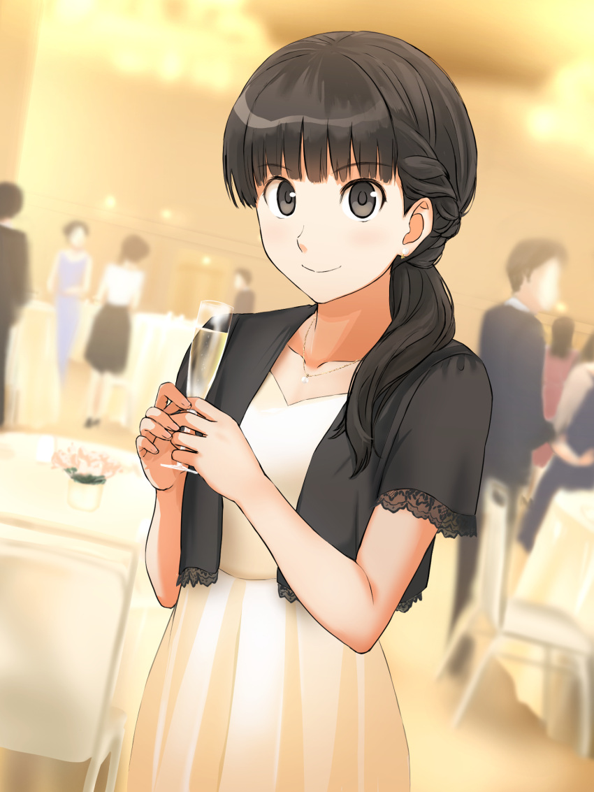 1girl alternate_hairstyle amagami ayatsuji_tsukasa black_hair black_vest blurry blurry_background braid champagne_flute cup dress drinking_glass frilled_vest frills hair_over_shoulder highres holding holding_cup indoors long_hair looking_at_viewer solo_focus takenoko_saba_otto vest white_dress