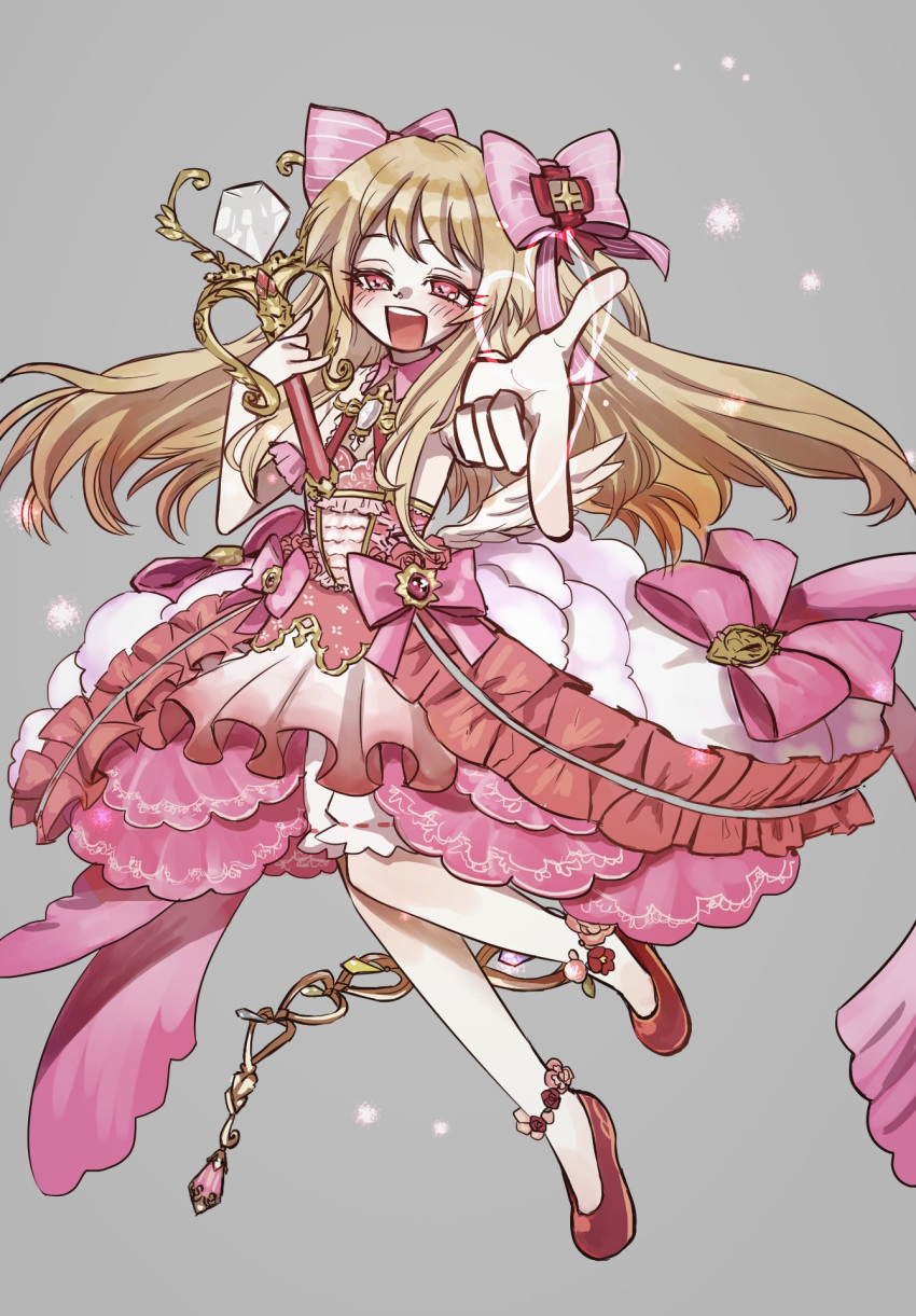 1girl artist_request blonde_hair bloomers chaos_marie_(grimms_notes) cleavage_cutout clothing_cutout dress frills full_body grey_background grimms_notes hair_spread_out heart heart-shaped_pupils highres holding holding_wand holding_weapon jewelry jumping long_hair necklace open_mouth pendant pink_eyes puffy_short_sleeves puffy_sleeves red_footwear shoes short_sleeves simple_background smile solo symbol-shaped_pupils teeth underwear upper_teeth_only wand weapon wings