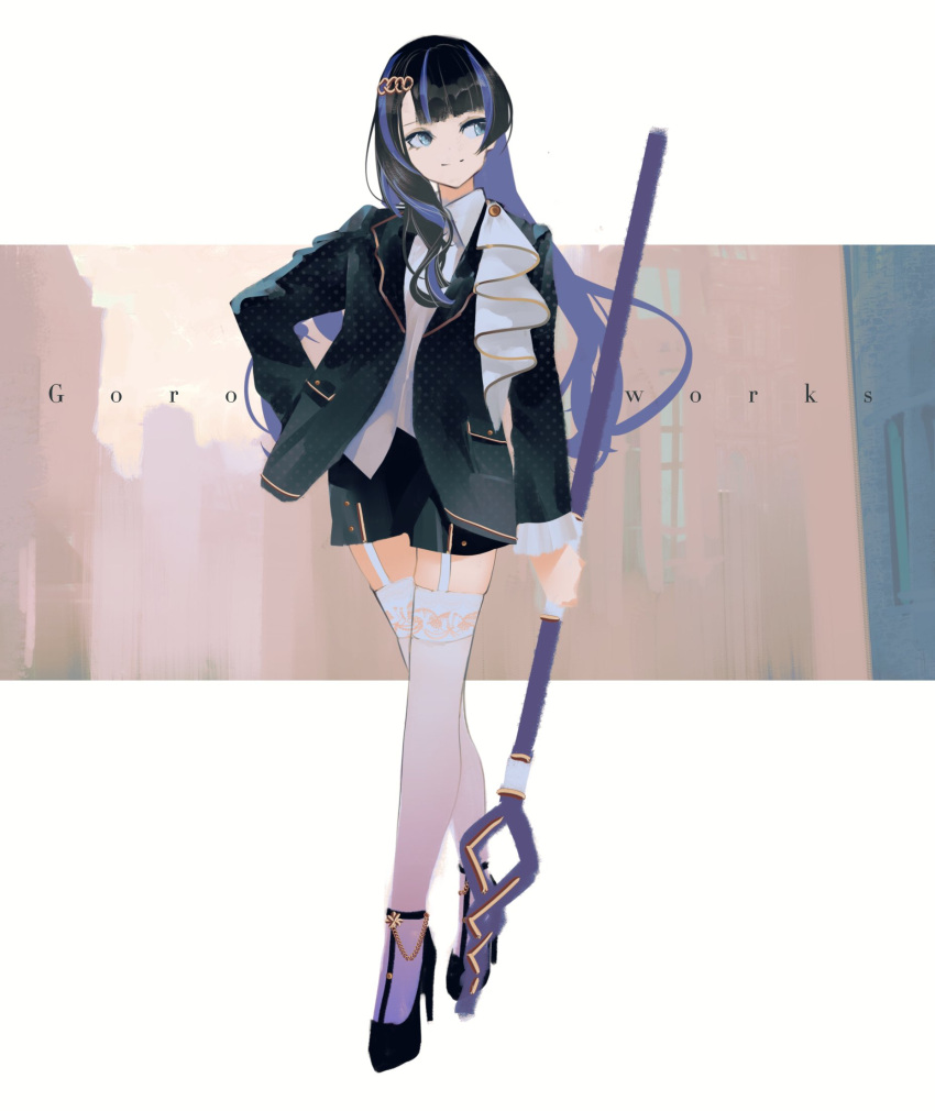 1girl artist_name black_footwear black_hair black_jacket black_shorts blue_eyes closed_mouth collared_shirt crossed_legs full_body garter_straps goroku hair_ornament hair_over_shoulder hairclip hand_on_own_hip head_tilt high_heels highres holding holding_scepter jacket long_hair long_sleeves looking_to_the_side multicolored_hair open_clothes open_jacket original purple_hair scepter shirt shorts smile solo suit_jacket thigh-highs two-tone_hair walking white_background white_shirt white_thighhighs