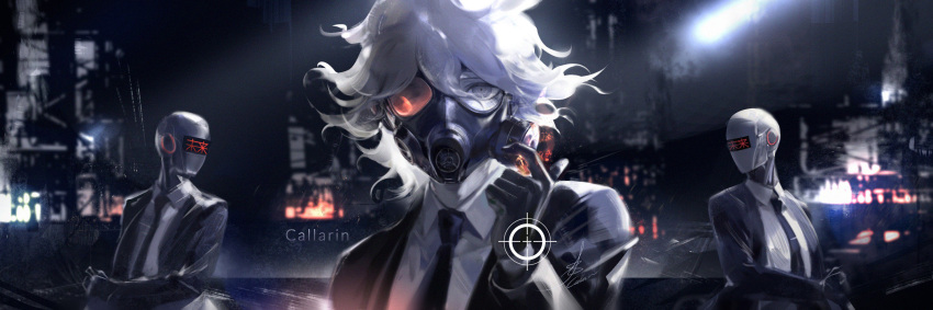 3boys alternate_costume black_gloves black_jacket black_mask black_necktie black_sleeves callarinc city collared_jacket collared_shirt commentary covered_face covered_mouth crosshair danganronpa_(series) danganronpa_2:_goodbye_despair english_commentary gas_mask gloves green_eyes gun hair_between_eyes highres holding holding_gun holding_weapon jacket komaeda_nagito lapels layered_sleeves long_sleeves looking_at_viewer male_focus mask messy_hair mixed-language_commentary multiple_boys necktie night open_clothes open_jacket outdoors road shirt short_hair solo_focus street weapon white_hair white_shirt