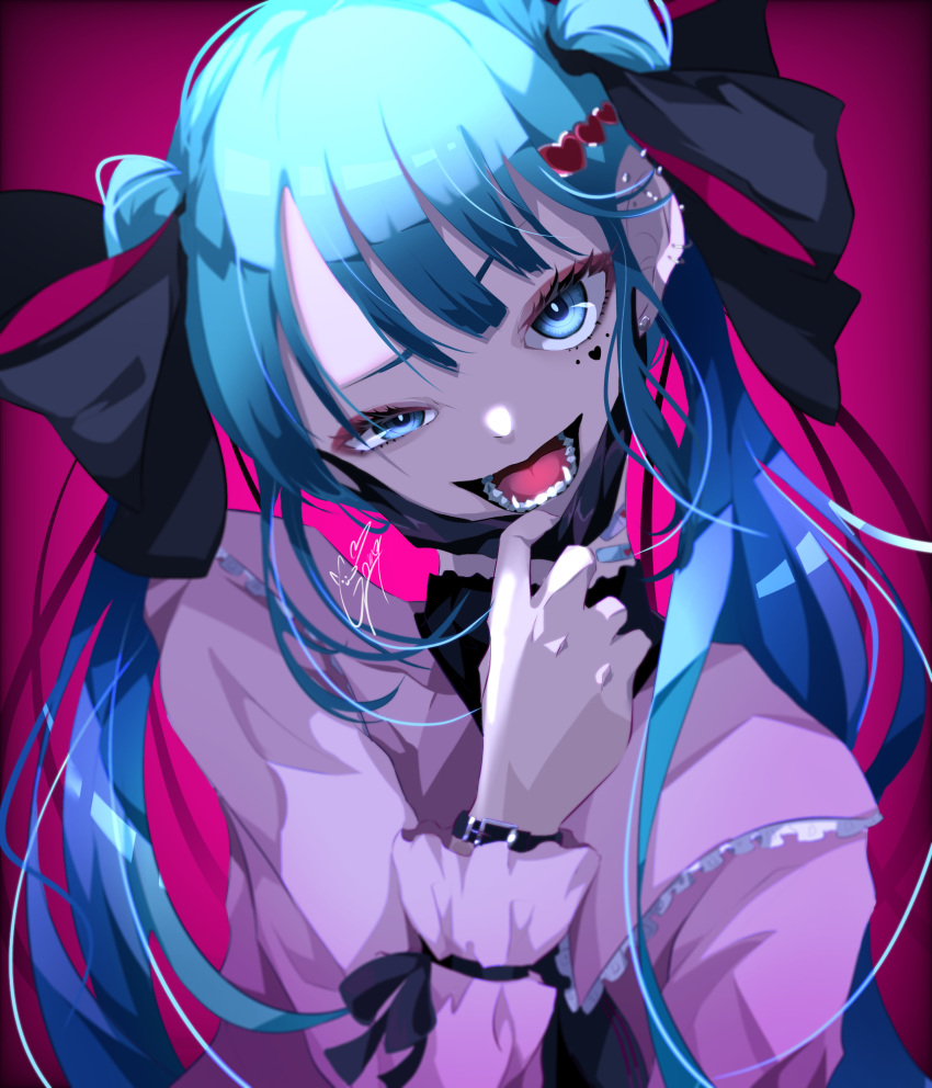 1girl bandaid bandaid_on_neck claw_pose ear_piercing earrings goma_irasuto green_eyes green_hair hair_ornament hair_ribbon hatsune_miku heart heart_hair_ornament highres jacket jewelry looking_at_viewer mask mask_pull mouth_mask piercing red_background red_jacket red_nails ribbon ring smile solo twintails vampire vampire_(vocaloid) vocaloid
