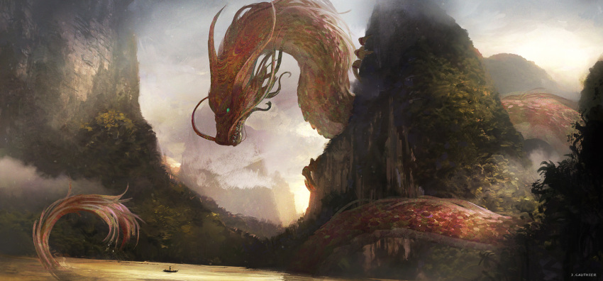 animal_focus bad_artstation_id bad_id boat claws clouds day dragon eastern_dragon fantasy from_side giant giant_monster green_eyes highres mountain original outdoors painterly renart river scenery sharp_teeth signature sky tail teeth tree water watercraft