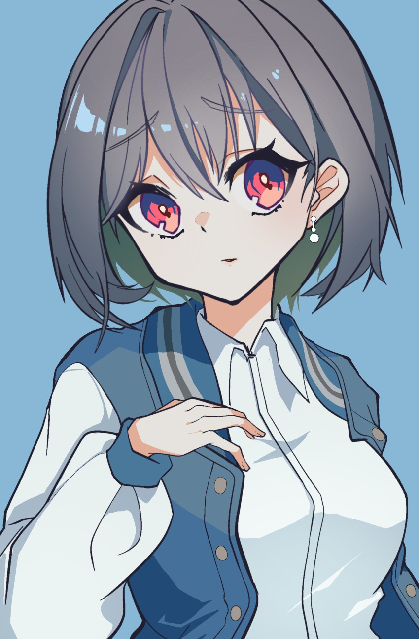 1girl bang_dream! bang_dream!_it's_mygo!!!!! blue_background blue_jacket breasts collared_shirt commentary dress_shirt earrings grey_hair hair_between_eyes highres jacket jewelry looking_at_viewer medium_breasts parted_lips raglan_sleeves red_eyes shirt short_hair simple_background solo takamatsu_tomori upper_body white_shirt white_sleeves yu7aka