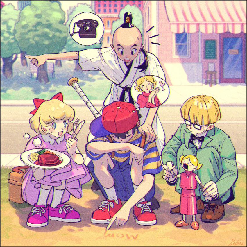 1girl 3boys baseball_bat baseball_cap black_border black_bow black_bowtie blonde_hair blue_eyes border bow bowtie building closed_eyes day dougi dress food fork glasses green_jacket green_pants hand_on_another's_shoulder hat heart highres holding holding_plate jacket jeff_andonuts kwsby_124 long_sleeves mother_(game) mother_2 multiple_boys ness's_mother ness_(mother_2) opaque_glasses open_mouth outdoors pants paula_(mother_2) phone pink_dress pink_footwear plate pointing poo_(mother_2) puppet red_bow red_headwear shirt shoes short_sleeves shorts sideways_hat signature socks squatting steak striped_clothes striped_shirt sweat tree white_socks