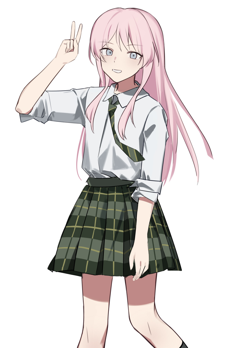 1girl absurdres bang_dream! bang_dream!_it's_mygo!!!!! chihaya_anon collared_shirt commentary feet_out_of_frame green_necktie grey_eyes hand_up haneoka_school_uniform highres long_hair looking_at_viewer lu_guan necktie parted_lips pink_hair plaid plaid_skirt pleated_skirt school_uniform shirt simple_background skirt sleeves_rolled_up smile solo v white_background white_shirt