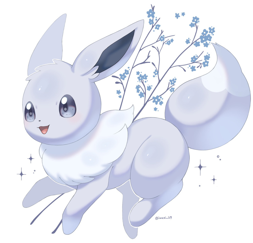 :d alternate_color animal_focus artist_name branch commentary eevee flower grey_eyes grey_fur highres iwasi_29 no_humans open_mouth pokemon pokemon_(creature) shiny_pokemon simple_background smile sparkle symbol-only_commentary tail twitter_username white_background