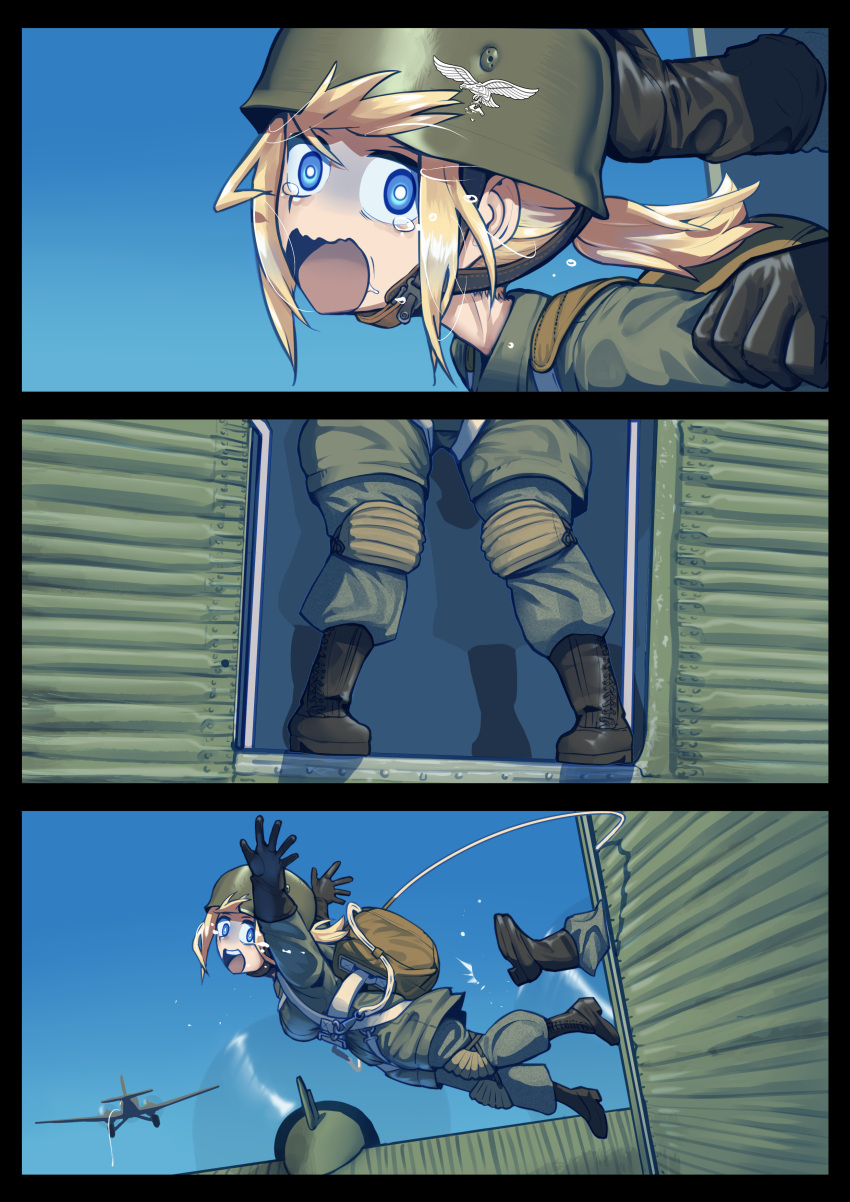 1girl 1other absurdres aircraft airplane backpack bag blonde_hair blue_eyes boots commentary english_commentary erica_(naze1940) helmet highres long_hair military military_uniform original ponytail tears uniform