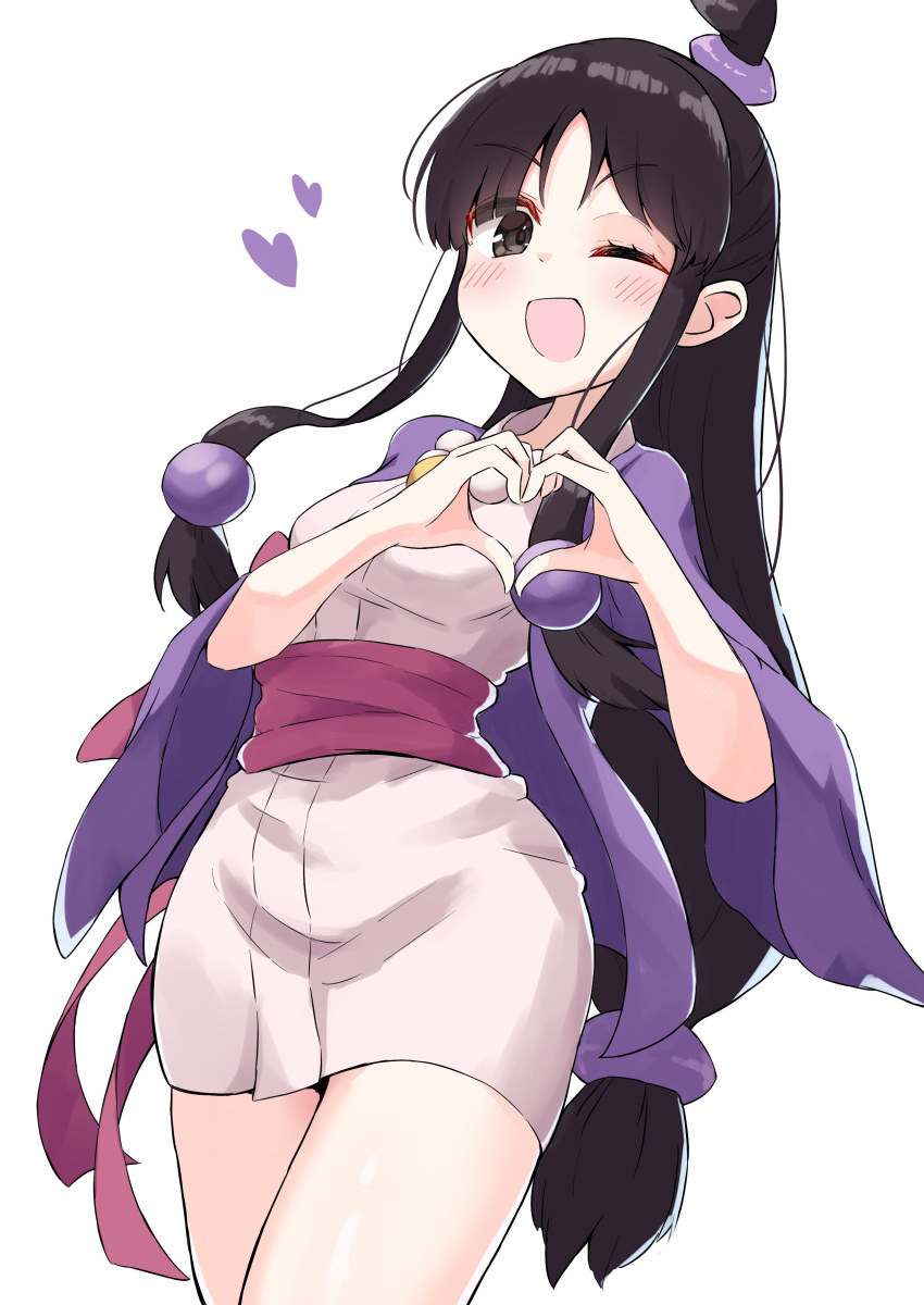 1girl :d absurdres ace_attorney batarop black_eyes black_hair commentary_request curtained_hair dress heart heart_hands highres long_hair looking_at_viewer maya_fey one_eye_closed open_mouth pencil_dress pink_dress purple_sash sash simple_background smile solo standing topknot white_background