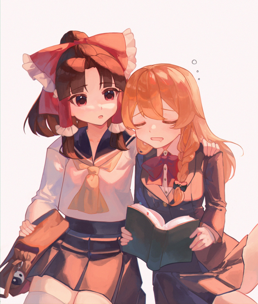 2girls absurdres alternate_costume bag blonde_hair book bow bowtie braid brown_hair cindy717 closed_eyes commentary_request frilled_bow frilled_hair_tubes frills hair_bow hair_tubes hakurei_reimu hand_on_another's_shoulder highres holding holding_book kirisame_marisa long_hair long_sleeves multiple_girls no_headwear open_book open_mouth pleated_skirt red_bow red_bowtie red_eyes school_bag school_uniform side_braid single_braid skirt sleeping touhou yin_yang