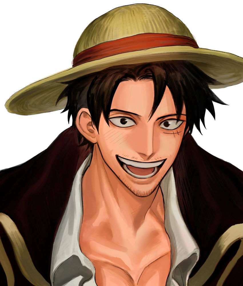 1boy aged_up black_eyes black_hair commentary_request facial_hair hat highres korean_commentary male_focus monkey_d._luffy nok_(nok_1) one_piece open_mouth scar scar_on_chest scar_on_face short_hair simple_background smile solo straw_hat white_background