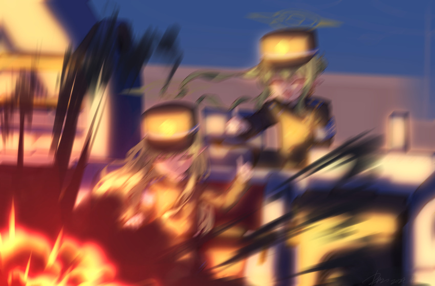 2girls blue_archive commentary_request explosion explosion_gag fire floating_hair green_hair green_halo halo hat highres hikari_(blue_archive) kisamu_(ksmz) long_hair motion_blur multiple_girls nozomi_(blue_archive) shako_cap thumbs_up