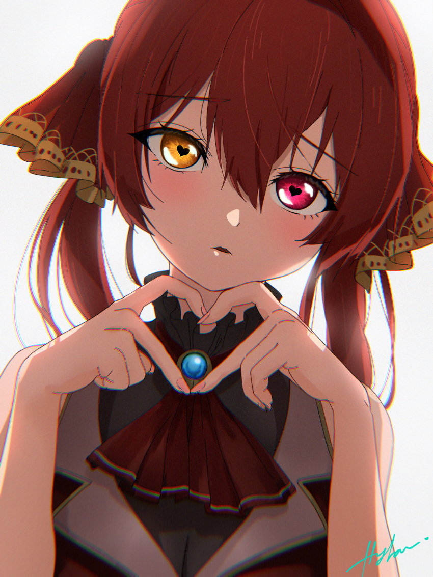 1girl absurdres ascot black_choker blue_gemstone blush choker close-up commentary_request cropped_jacket eyelashes fingernails frilled_choker frills gem hair_between_eyes hair_ribbon hands_up head_tilt heart heart-shaped_pupils heart_hands highres hololive houshou_marine houshou_marine_(1st_costume) hylran0427 jacket leotard leotard_under_clothes long_hair looking_at_viewer lovestruck parted_lips raised_eyebrows red_ascot red_eyes red_jacket red_ribbon redhead ribbon signature simple_background sleeveless sleeveless_jacket solo symbol-shaped_pupils tsurime twintails virtual_youtuber white_background