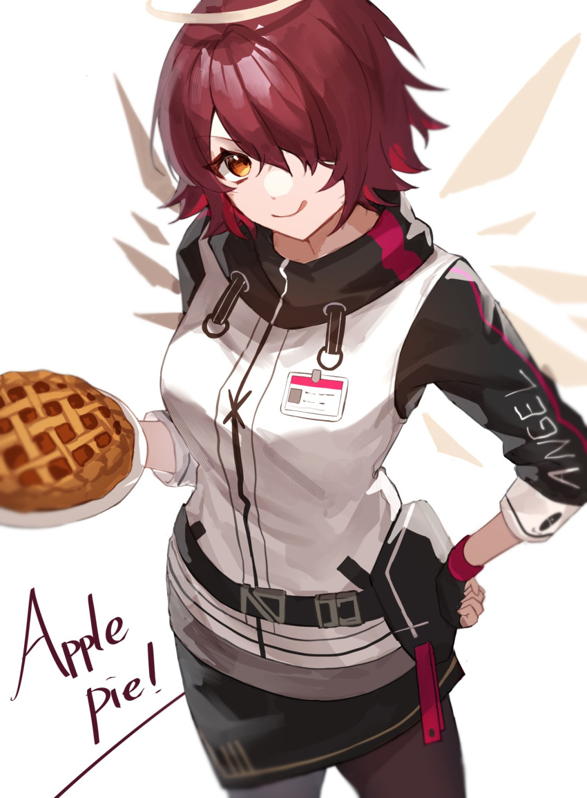 1girl :q apple_pie arknights black_gloves black_skirt breasts brown_pantyhose brown_wings closed_mouth commentary_request detached_wings english_text exusiai_(arknights) fingerless_gloves food gloves goma_74umai hair_over_one_eye halo hand_on_own_hip highres holding holding_plate jacket long_sleeves pantyhose pie plate red_eyes redhead short_hair simple_background skirt small_breasts smile solo tongue tongue_out white_background white_jacket wings