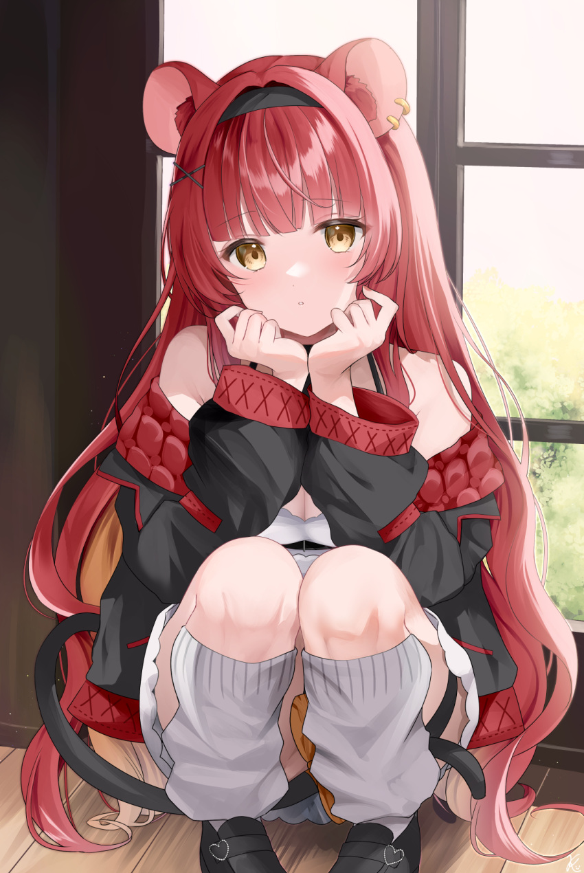 1girl animal_ears black_footwear black_headband black_jacket blunt_bangs commentary_request commission hair_ornament hatsunagi_omochi headband highres jacket kurage_cc long_hair loose_socks mouse_ears mouse_girl open_clothes open_jacket redhead skeb_commission skycolor_project socks solo very_long_hair virtual_youtuber white_socks x_hair_ornament yellow_eyes