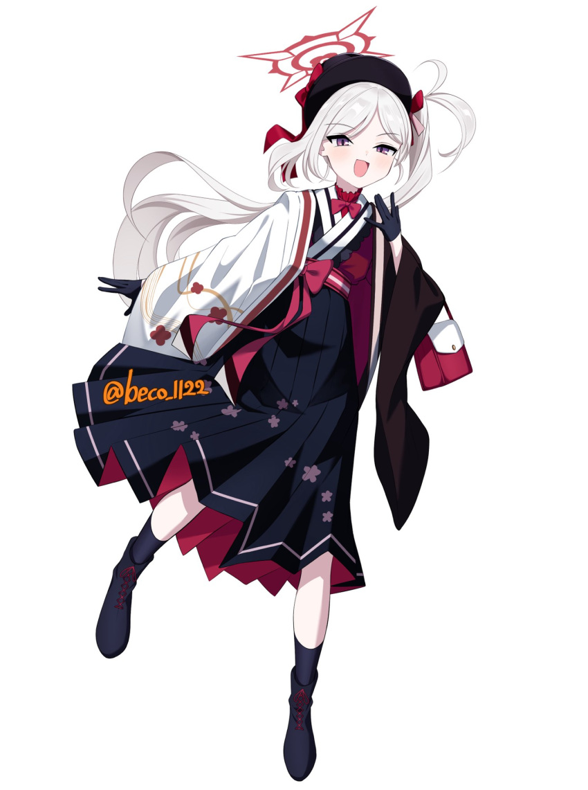 1girl alternate_costume bag beko_(beco_1122) blue_archive blue_footwear blue_gloves blue_socks bow bowtie full_body gloves grey_hair hair_bow hakama halo handbag haori hat hat_bow highres japanese_clothes kimono long_hair long_sleeves looking_at_viewer mutsuki_(blue_archive) obi open_mouth red_bow red_bowtie sash side_ponytail simple_background smile socks solo standing very_long_hair violet_eyes white_background wide_sleeves