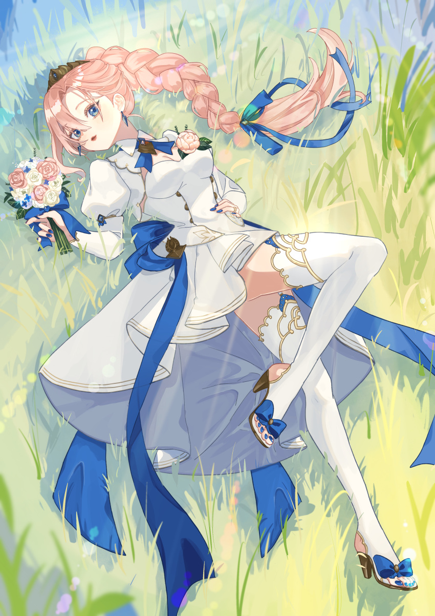 1girl absurdres aged_down blue_eyes bouquet bow braid braided_ponytail crown dress flower_ornament full_body hair_bow high_heels highres holding holding_bouquet juliet_sleeves long_sleeves looking_at_viewer lying on_back on_grass pink_hair ponytail puffy_sleeves saha3nemui shionne_(tales) smile solo tales_of_(series) tales_of_arise thigh-highs