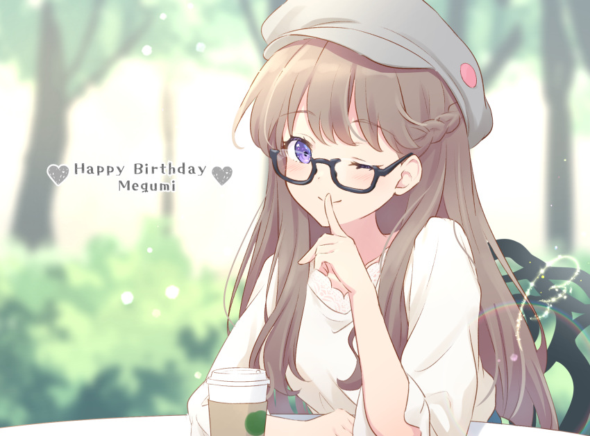 1girl ;) arm_on_table arms_on_table black-framed_eyewear blurry blurry_background braid brown_hair character_name coffee_cup commentary cup disposable_cup english_text finger_to_mouth french_braid fujishima_megumi glasses grey_hat happy_birthday hat heart highres link!_like!_love_live! long_hair love_live! on_chair one_eye_closed outdoors rainbow semi-rimless_eyewear shirt shushing sidelocks sitting smile tree under-rim_eyewear violet_eyes white_shirt yutuki_ame