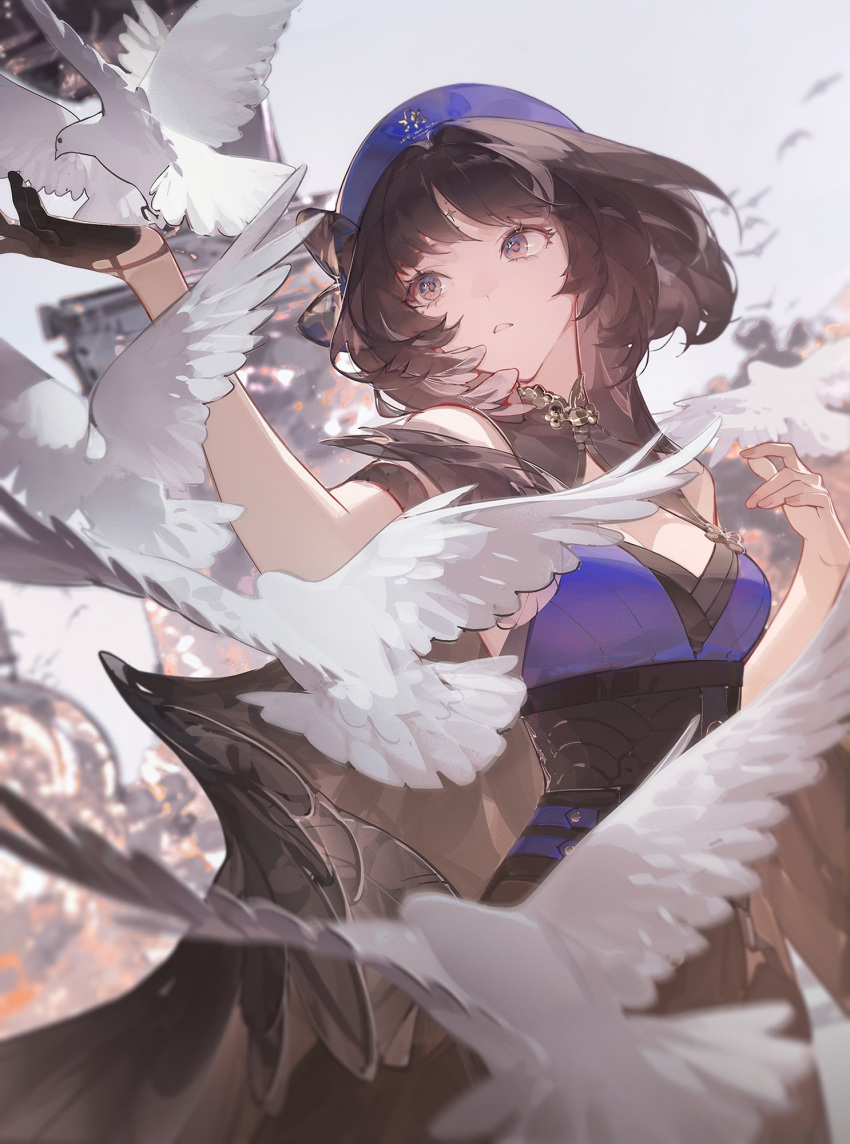 1girl arm_strap armband bare_shoulders bird black_armband black_gloves black_hair blue_dress blurry blurry_background breasts dlgeria dove dress facial_mark forehead_mark gloves half_gloves highres looking_to_the_side medium_breasts medium_hair parted_hair single_glove single_half_glove solo wuthering_waves yangyang_(wuthering_waves)