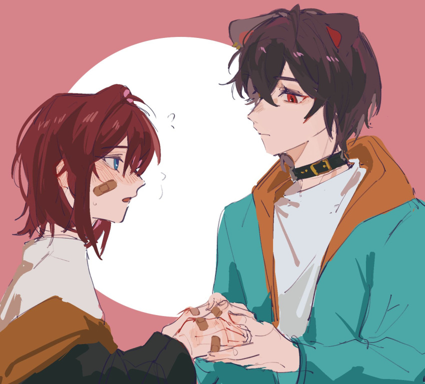1boy 1girl ? ange_katrina animal_ears bandaid bandaid_on_face bandaid_on_hand bare_shoulders blue_eyes blue_jacket blush brown_hair chinese_commentary closed_mouth collar commentary_request dog_ears genderswap genderswap_(ftm) highres holding_hands inui_toko jacket lingyi looking_at_another multicolored_hair nijisanji parted_lips pink_background red_eyes redhead shirt short_hair sweatdrop two-tone_hair upper_body virtual_youtuber white_background white_shirt