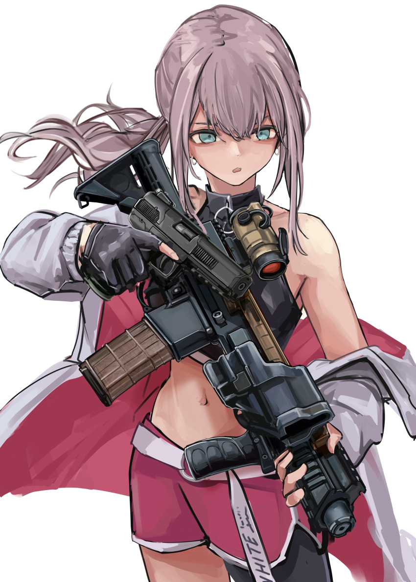 1girl absurdres aqua_eyes ar-57 ar-57_(girls'_frontline) asymmetrical_legwear black_gloves black_thighhighs c-clamp commentary commentary_request fingerless_gloves fn_five-seven girls_frontline gloves gun handgun highres holding holding_gun holding_weapon jacket lithographica midriff navel off_shoulder open_mouth pink_hair pink_shorts ponytail shorts sidelocks simple_background single_thighhigh solo thigh-highs weapon white_background white_jacket