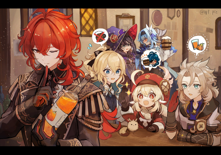 3boys 4girls albedo_(genshin_impact) alcohol antenna_hair aqua_eyes bar_(place) beer_mug black_coat black_gloves black_hairband black_necktie blonde_hair blue_eyes blue_hair blue_necktie bottle bow brown_gloves cabbie_hat capelet closed_mouth coat counter crossed_bangs cup diluc_(genshin_impact) eula_(genshin_impact) eyepatch genshin_impact gloves gold_trim hair_between_eyes hair_bow hairband hand_up hat hat_feather hat_ornament high_ponytail highres hood hood_down hooded_coat index_finger_raised jean_(genshin_impact) jean_(gunnhildr's_legacy)_(genshin_impact) juice kaeya_(genshin_impact) klee_(genshin_impact) light_brown_hair low_ponytail low_twintails medium_hair mona_(genshin_impact) mug multicolored_capelet multiple_boys multiple_girls necktie one_eye_closed open_mouth pointy_ears ponytail purple_hat red_coat red_eyes red_hat redhead scar scar_on_neck smile sweatdrop tavern tgf_pic twintails witch_hat