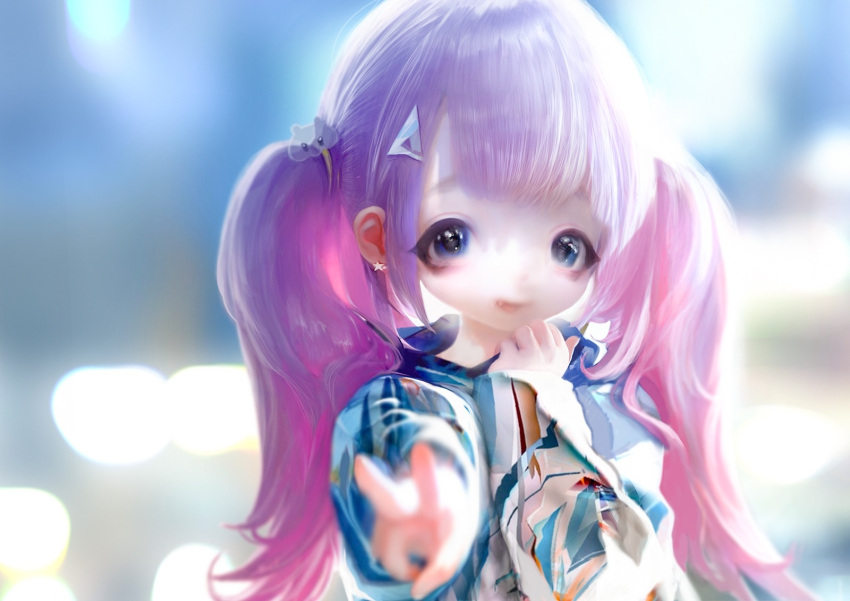 1girl blue_eyes blurry comitia_105 commentary_request depth_of_field hair_ornament hairclip highres jacket long_hair looking_at_viewer original pink_hair shiratsuyu_mone smile solo twintails upper_body v