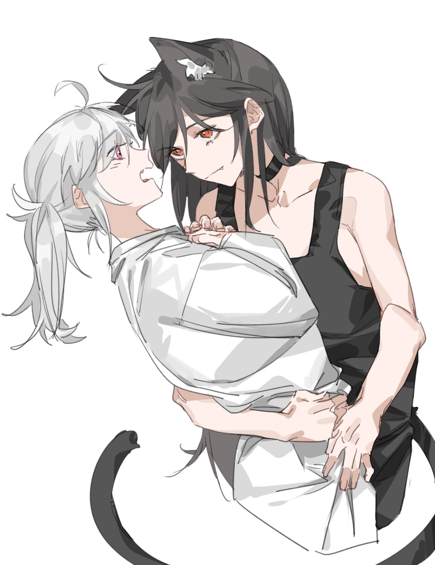 2girls ahoge animal_ears arm_around_waist bare_arms black_choker black_tank_top cat_ears cat_girl cat_tail choker closed_mouth commentary_request fang hands_on_another's_waist highres kemonomimi_mode long_hair long_sleeves looking_at_another molu_stranger multiple_girls nijisanji open_mouth orange_eyes pink_eyes shirayuki_tomoe shirt simple_background sukoya_kana tail tank_top twintails upper_body virtual_youtuber white_background white_hair white_shirt yuri