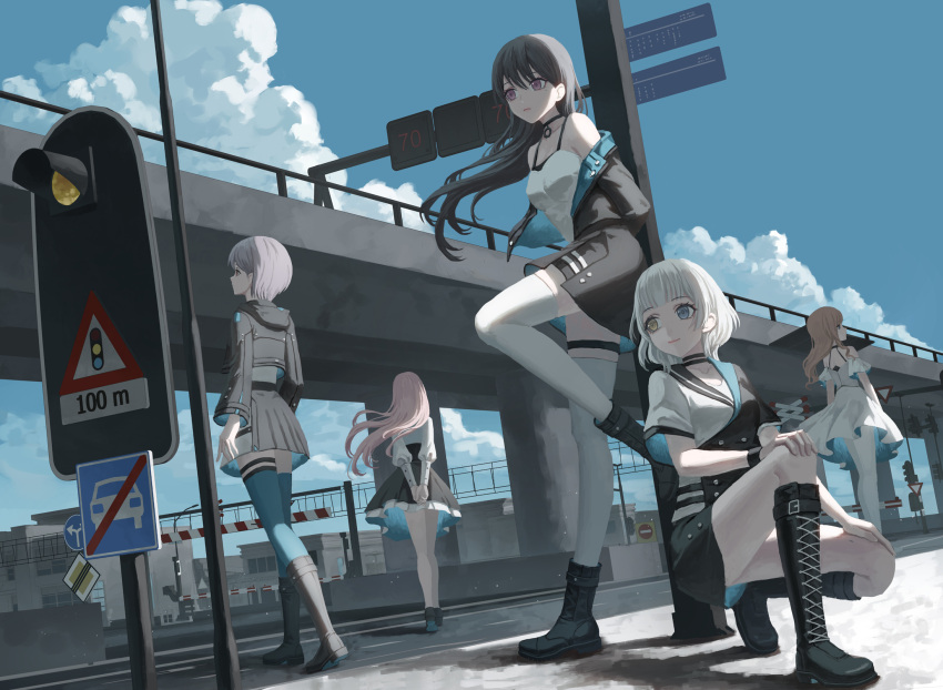 5girls bang_dream! bang_dream!_it's_mygo!!!!! bare_legs black_footwear black_jacket black_shirt blue_eyes blue_sky blue_theme boots brown_hair building chihaya_anon chinese_commentary city closed_mouth clouds commentary_request day dress dutch_angle grey_hair hand_on_own_knee heterochromia highres jacket kaname_raana knee_boots long_hair long_sleeves medium_hair mole mole_under_eye multiple_girls mygo!!!!!_(bang_dream!) nagasaki_soyo off_shoulder outdoors overpass pantyhose pink_hair road_sign shiina_taki shirt short_hair sign sky smile squatting standing takamatsu_tomori thigh-highs thigh_strap traffic_light violet_eyes white_dress white_hair white_pantyhose white_shirt white_thighhighs xukong yellow_eyes