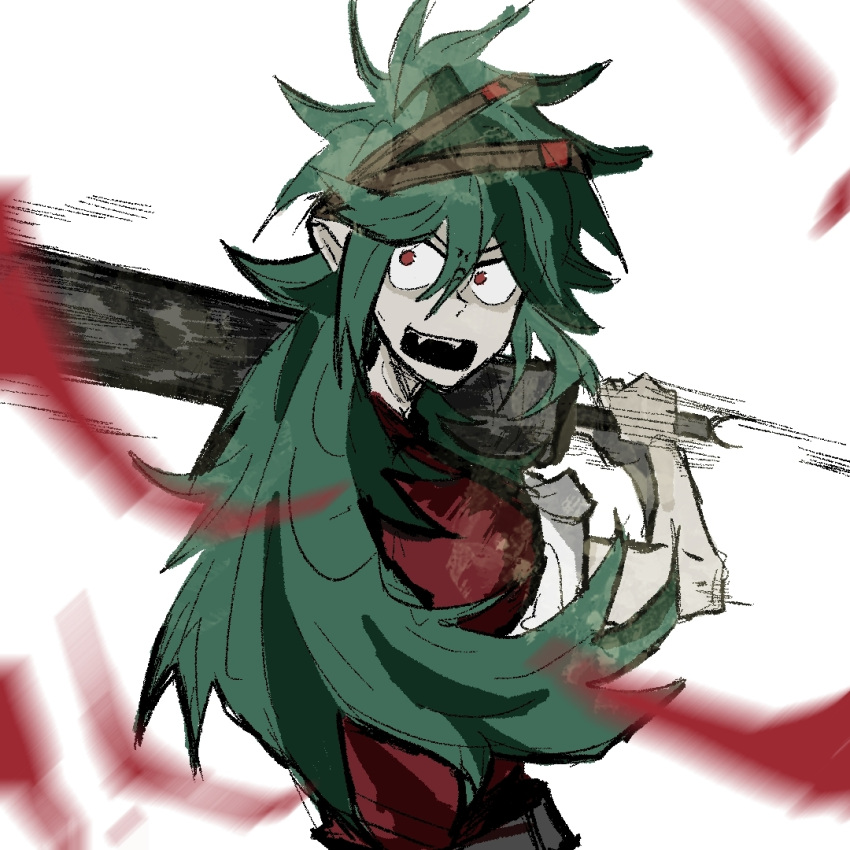 1other androgynous brown_headband fangs green_hair headband holding holding_weapon len'en long_hair open_mouth other_focus pointy_ears reactivate_majestical_imperial red_eyes taira_no_fumikado very_long_hair weapon yang_gu